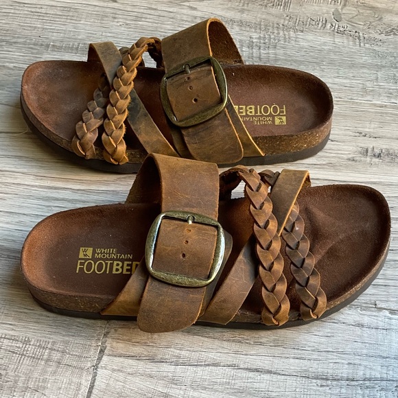 White Mountain Brown Leather Sandals Braided Straps Large Brass Buckle SZ 6 - Picture 2 of 14